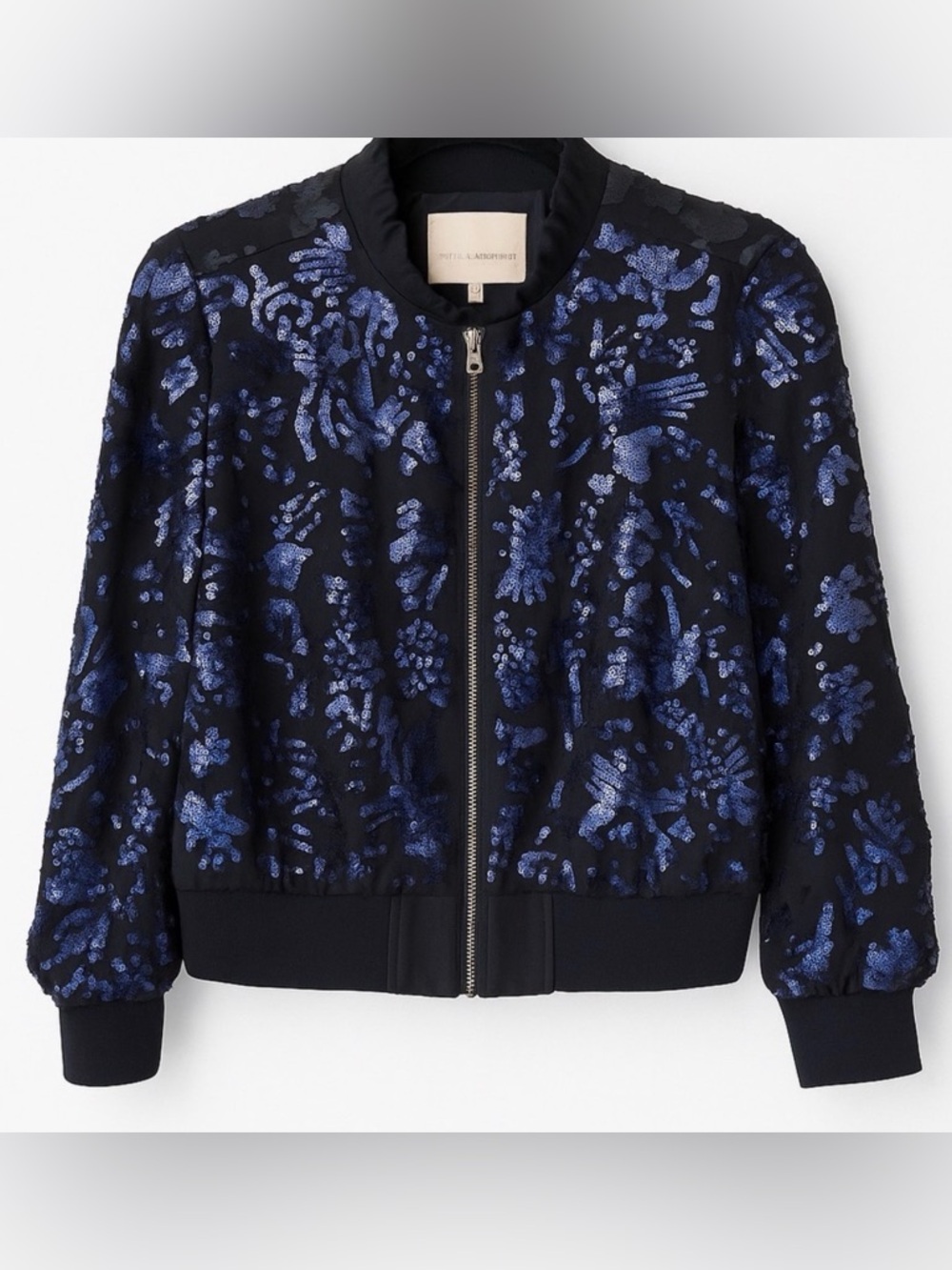 Rebecca Taylor Silk Sequin Bomber Jacket Black Blue Size L